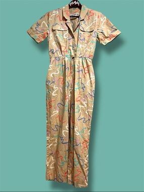 80s Rare Vintage Melissa Lane Coverall Jumpsuit 100% Cotton Squiggle Colorful 10
